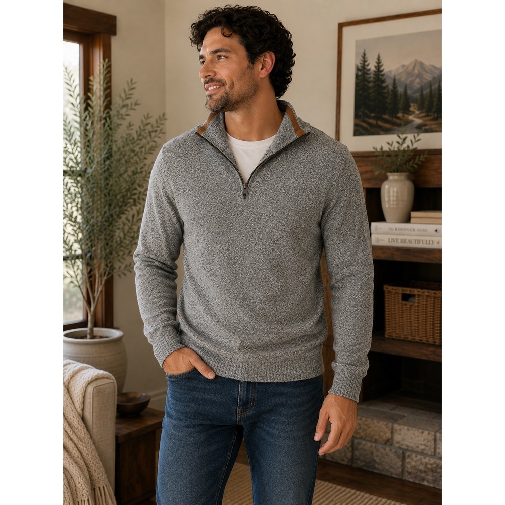 Carbon2Cobalt Mens Small Grey Marled Quarter Zip Cotton Blend Sweater‎ Mock Neck